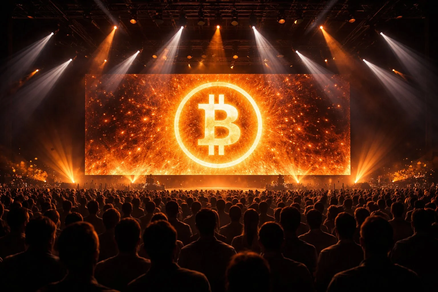 Bitcoin conference stage with crowd and orange Bitcoin logo on LED screen
