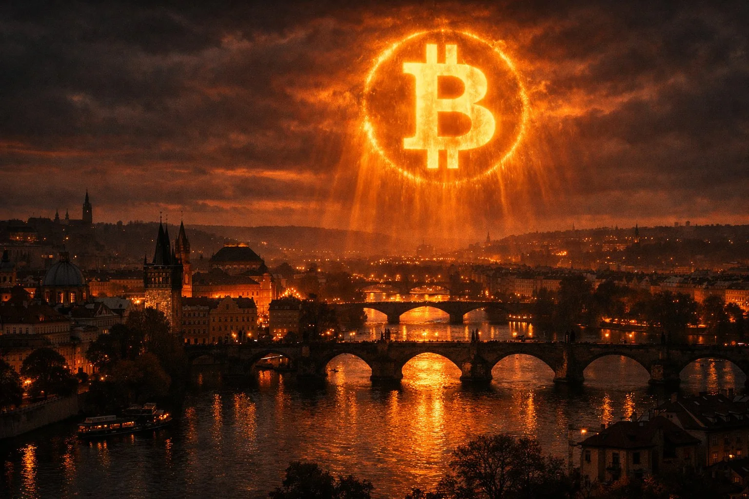 Map of Europe with Bitcoin conference cities glowing orange — Prague, Amsterdam, Madrid, Dublin, Vienna, Berlin