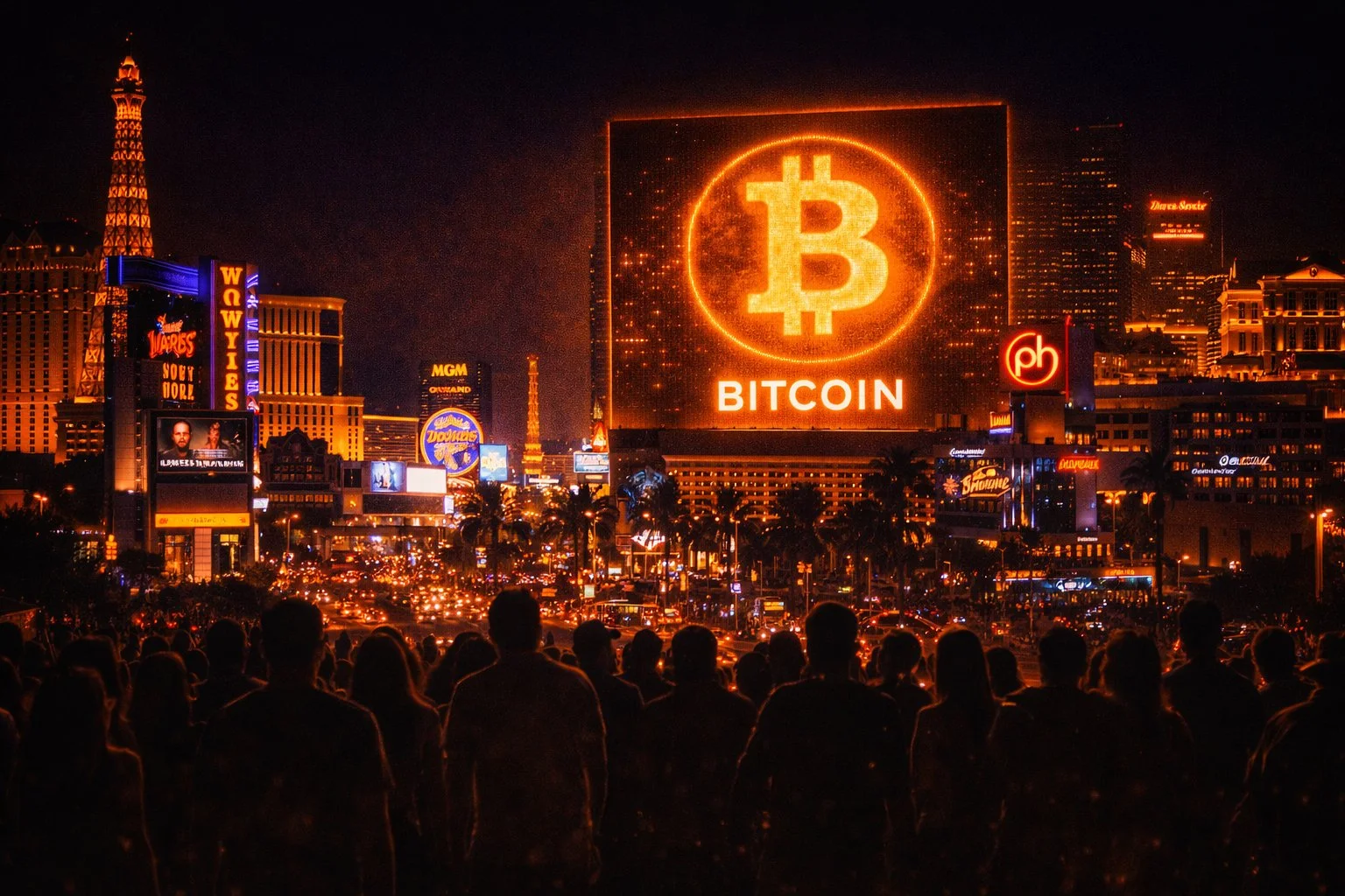 Map of the United States with Bitcoin conference cities glowing — Las Vegas, Fort Worth, Cambridge, Columbus, New York