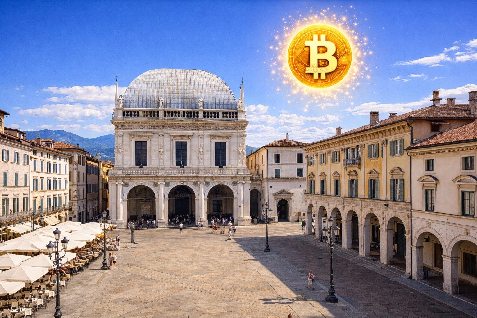 Brescia Italy Piazza della Loggia with Renaissance architecture, Italian sunshine, Bitcoin symbol in sky