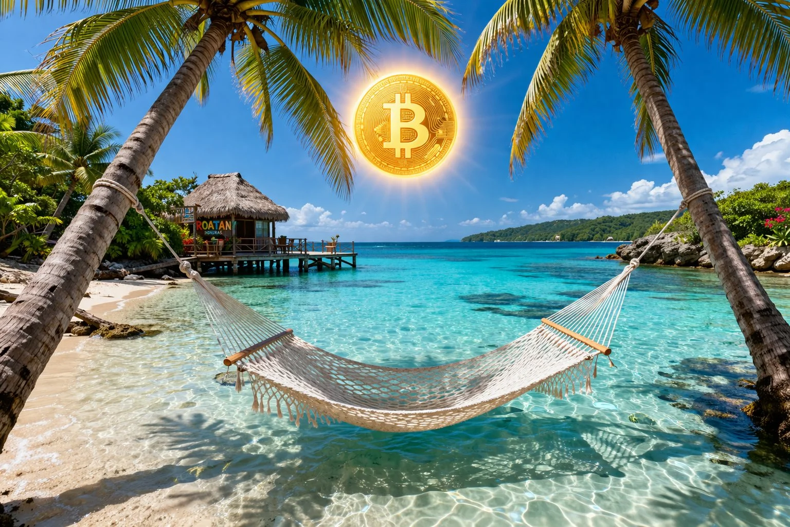 Roatán Honduras hammock between palm trees over crystal clear turquoise water, thatched hut, Bitcoin symbol