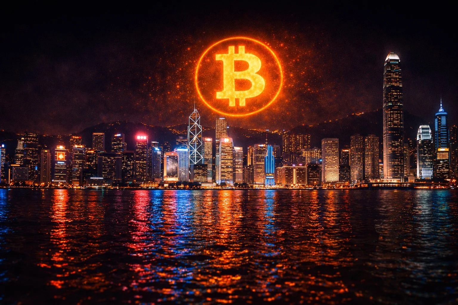 Hong Kong skyline at night with Bitcoin logo glowing orange over Victoria Harbour