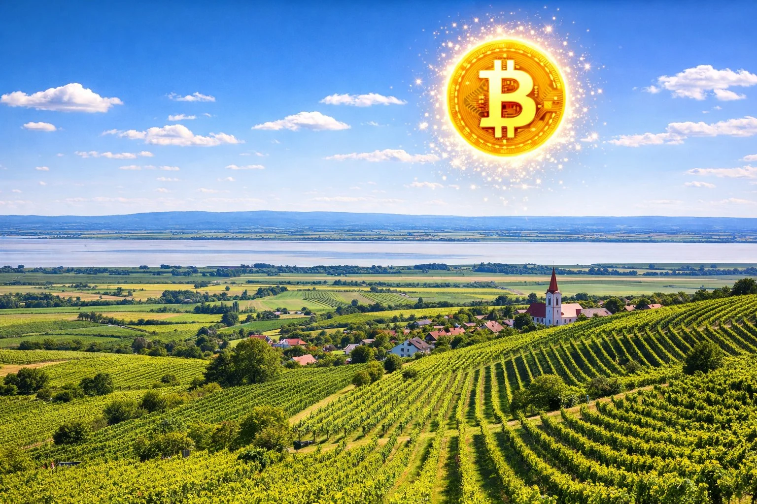 Burgenland Austria vineyards with Lake Neusiedl in background, rolling green fields, Bitcoin symbol in sky