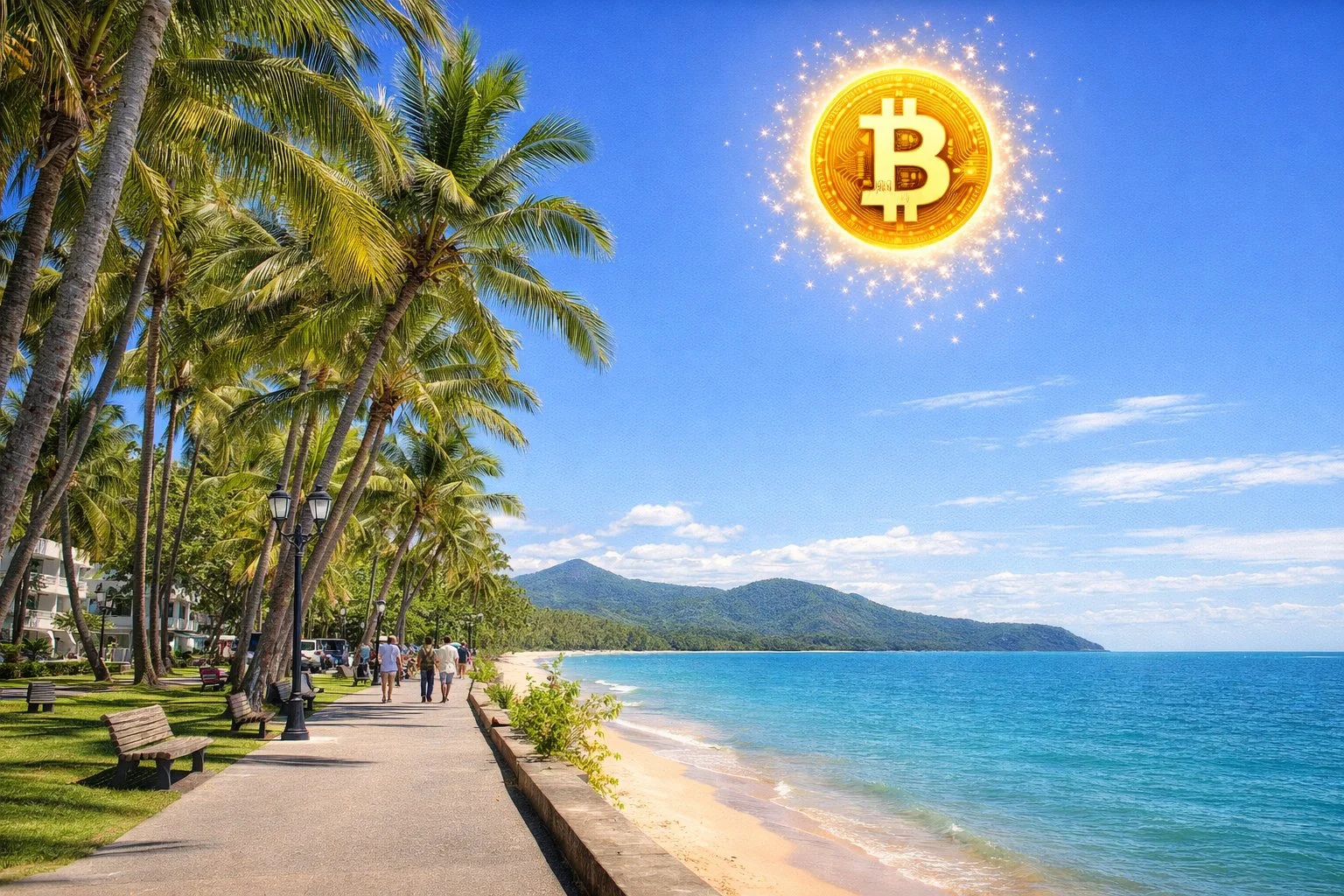 Palm Cove Queensland esplanade with palm trees, turquoise Coral Sea and mountain backdrop, Bitcoin symbol