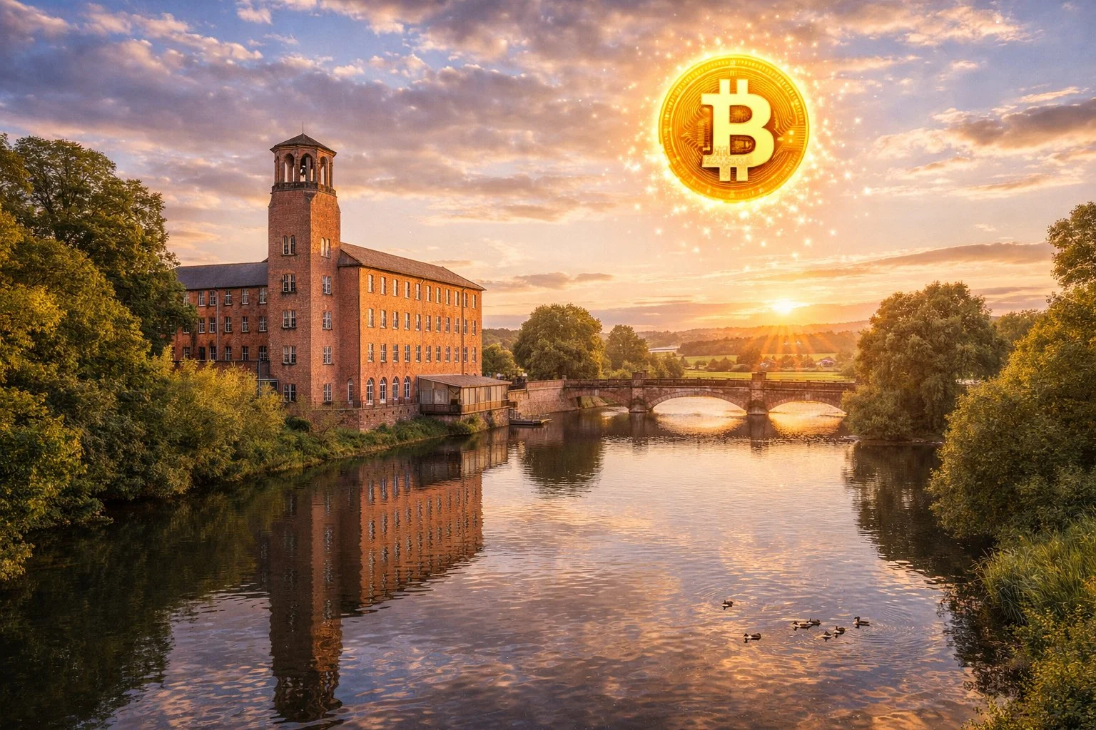 Derby England River Derwent with historic silk mill, bridge and countryside, Bitcoin symbol at golden hour