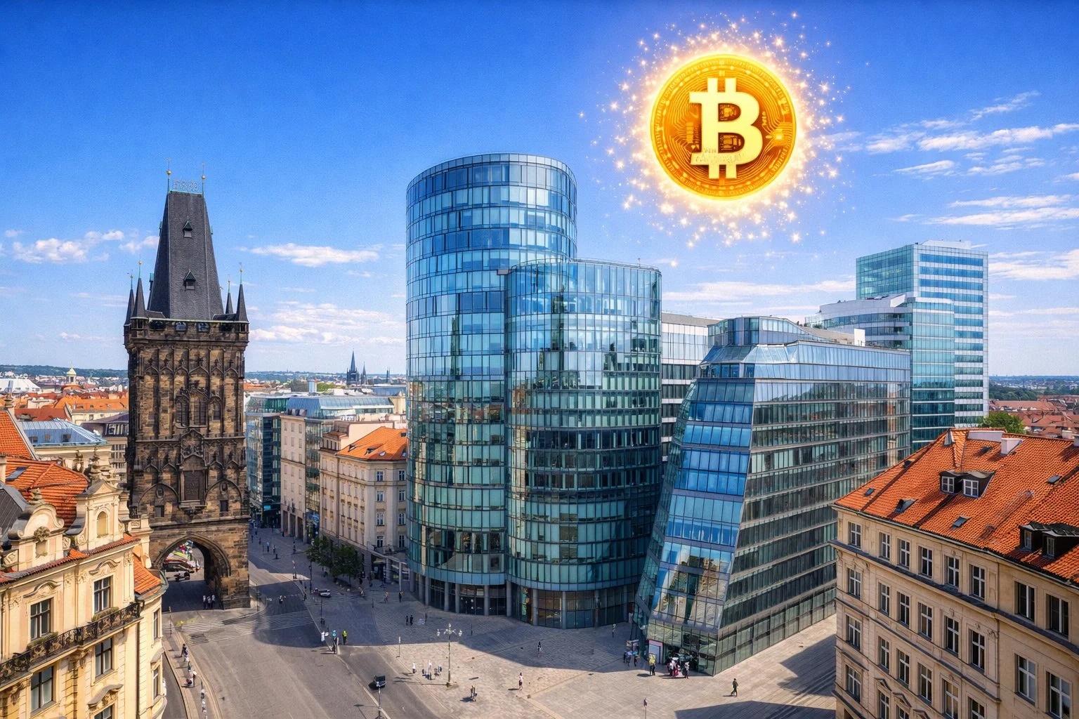 Prague modern glass buildings alongside historic architecture, Powder Tower visible, Bitcoin symbol in sky
