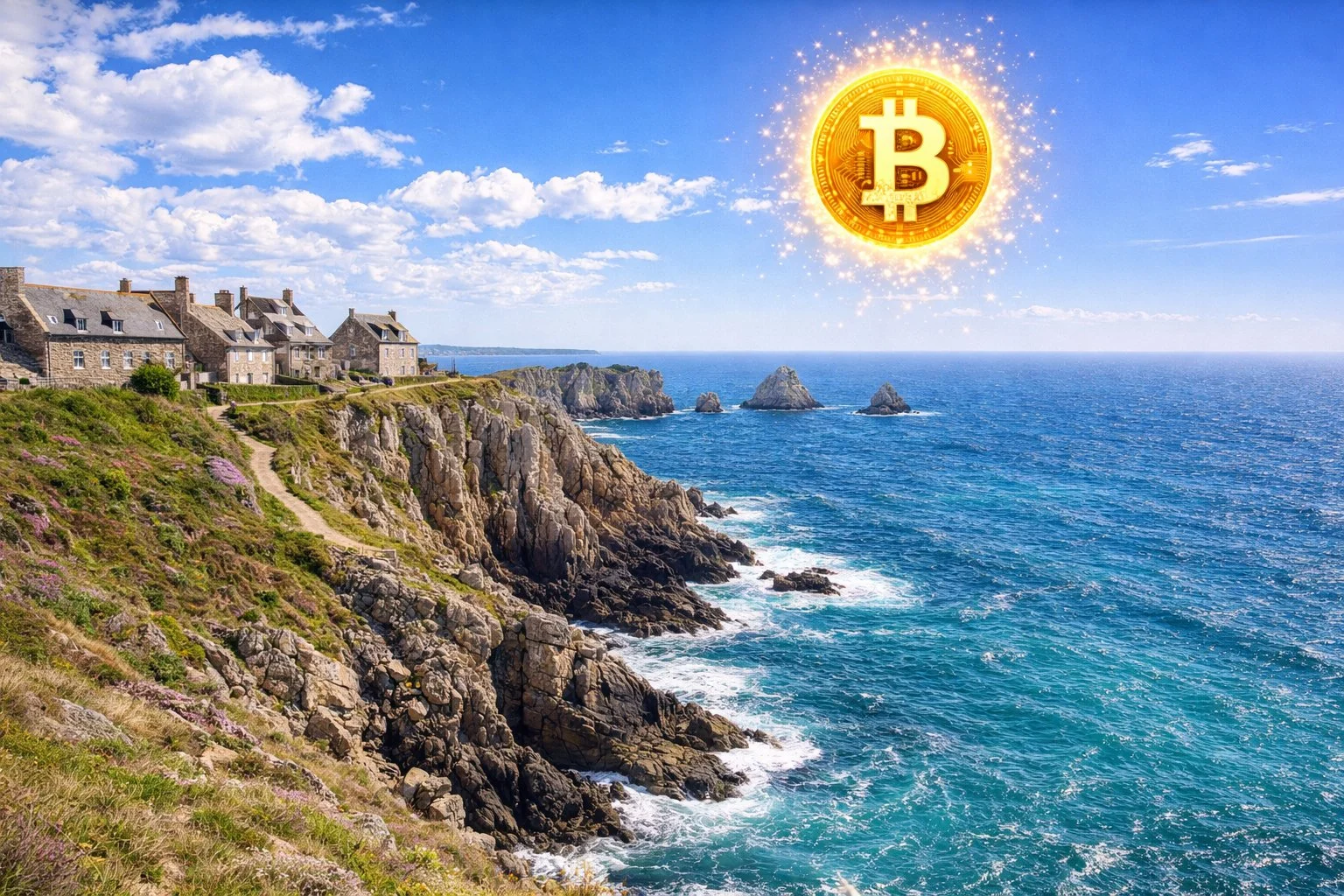 Bretagne France Atlantic coastline with dramatic cliffs, Celtic stone buildings, Bitcoin symbol in sky