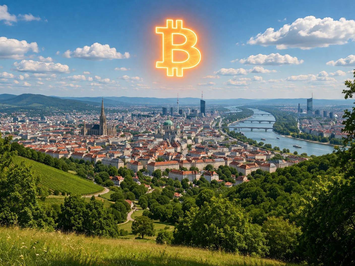 Vienna Cobenzl hilltop panorama over the city with Danube visible and Bitcoin symbol in blue sky