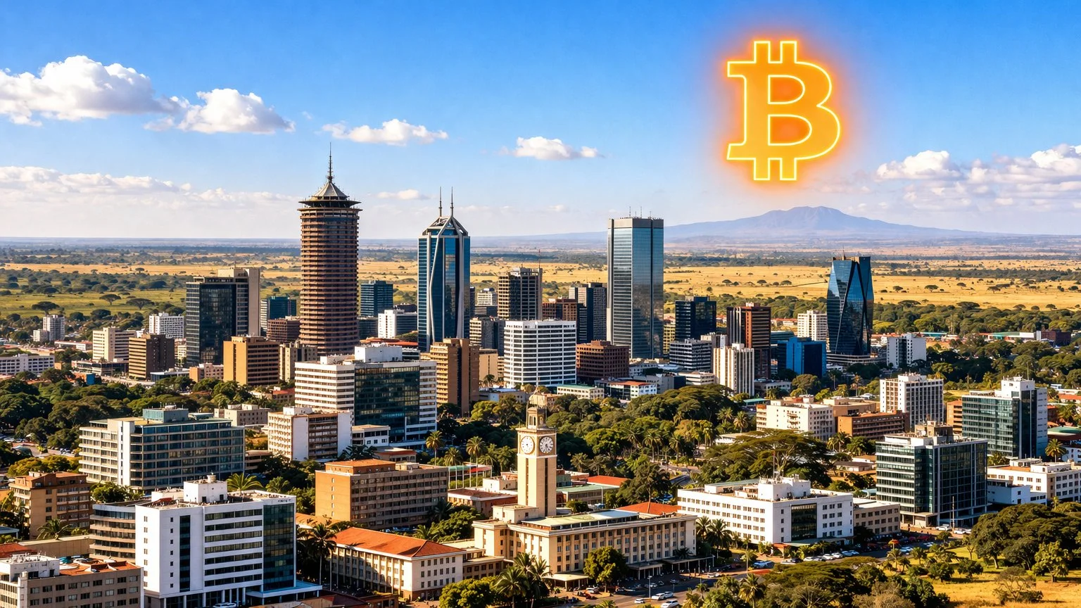 Nairobi skyline with modern towers, African savanna visible in distance, Bitcoin symbol glowing
