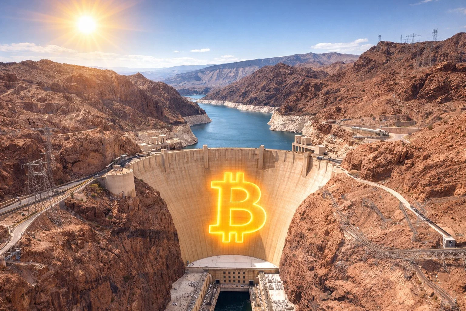 Hoover Dam aerial view, Colorado River below, Bitcoin symbol on the dam face, dramatic desert landscape