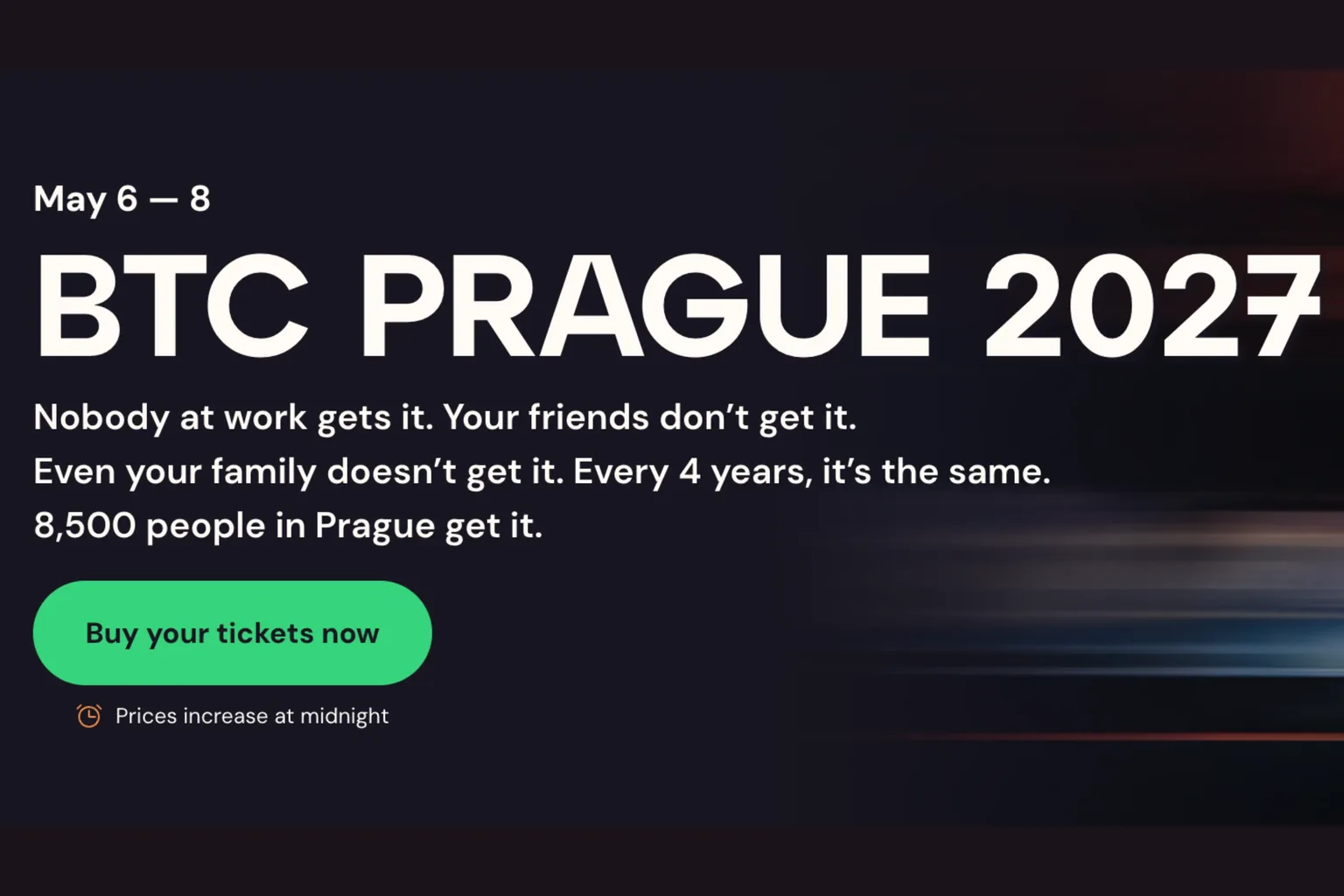 BTC Prague 2027 promotional banner announcing May 6-8, 2027 in Prague