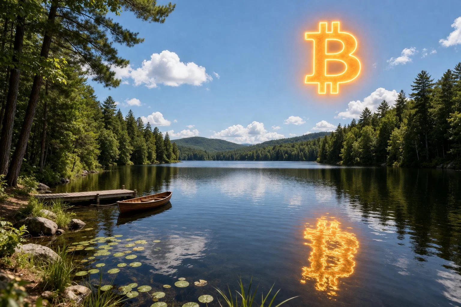 New Hampshire lake surrounded by pine forest, summer day, Bitcoin symbol reflected in still water
