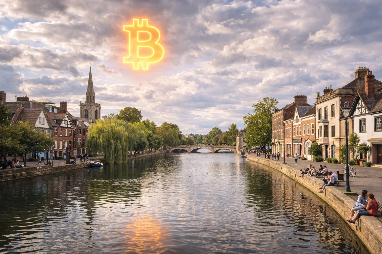 Bedford England River Great Ouse, market town with historic buildings, Bitcoin symbol in partly cloudy sky