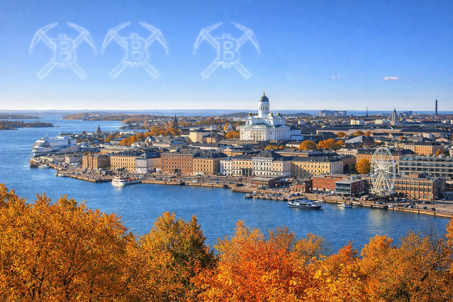 Helsinki harbor in autumn with colorful foliage, cathedral visible, Bitcoin mining symbols in sky