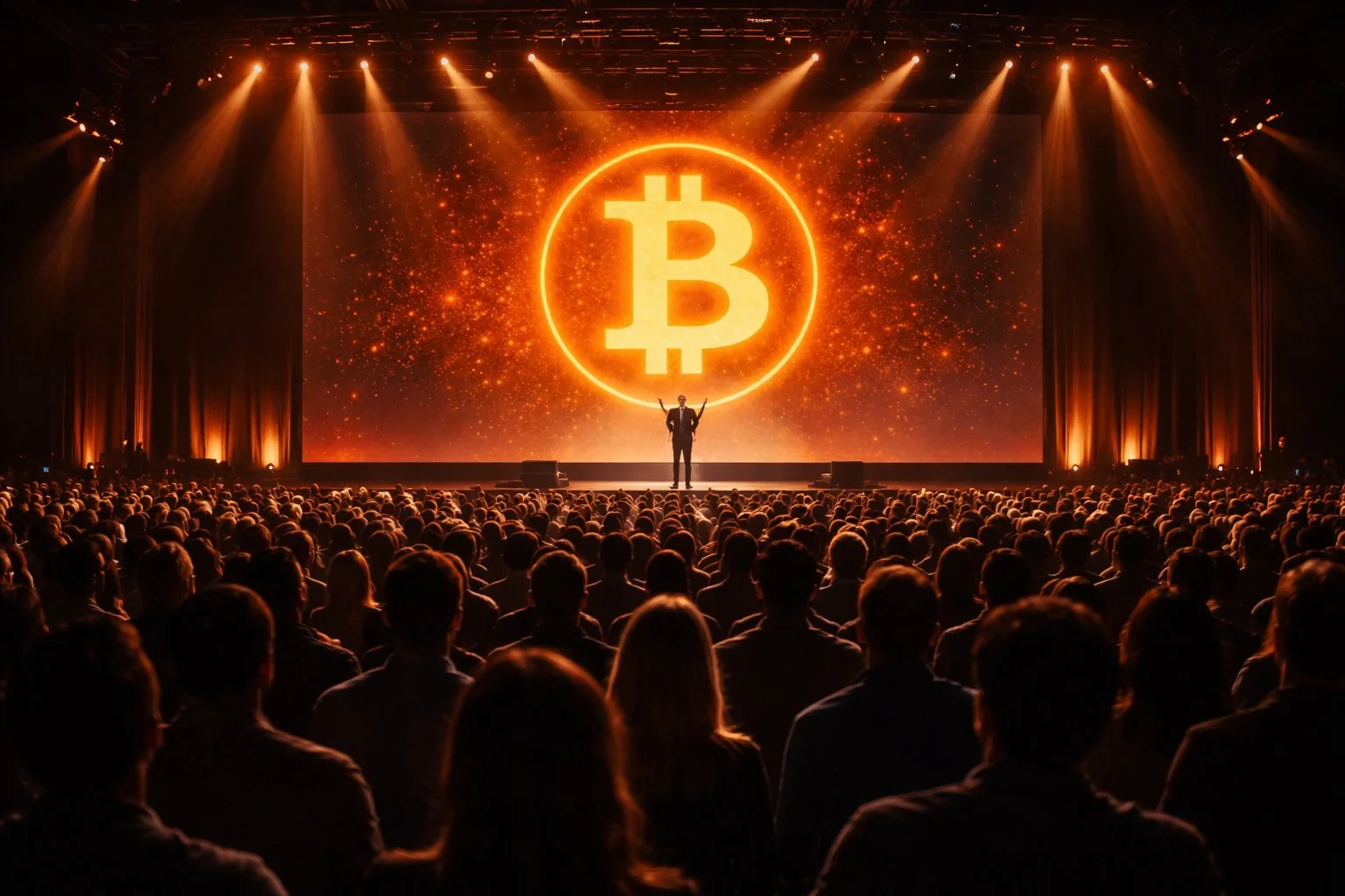 Conference hall with crowd facing stage showing large glowing Bitcoin symbol