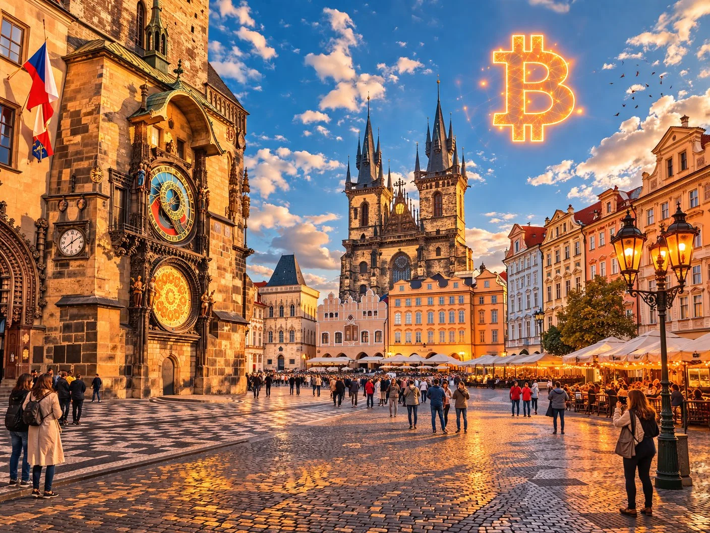 Prague Old Town Square with astronomical clock and Bitcoin symbol in the sky