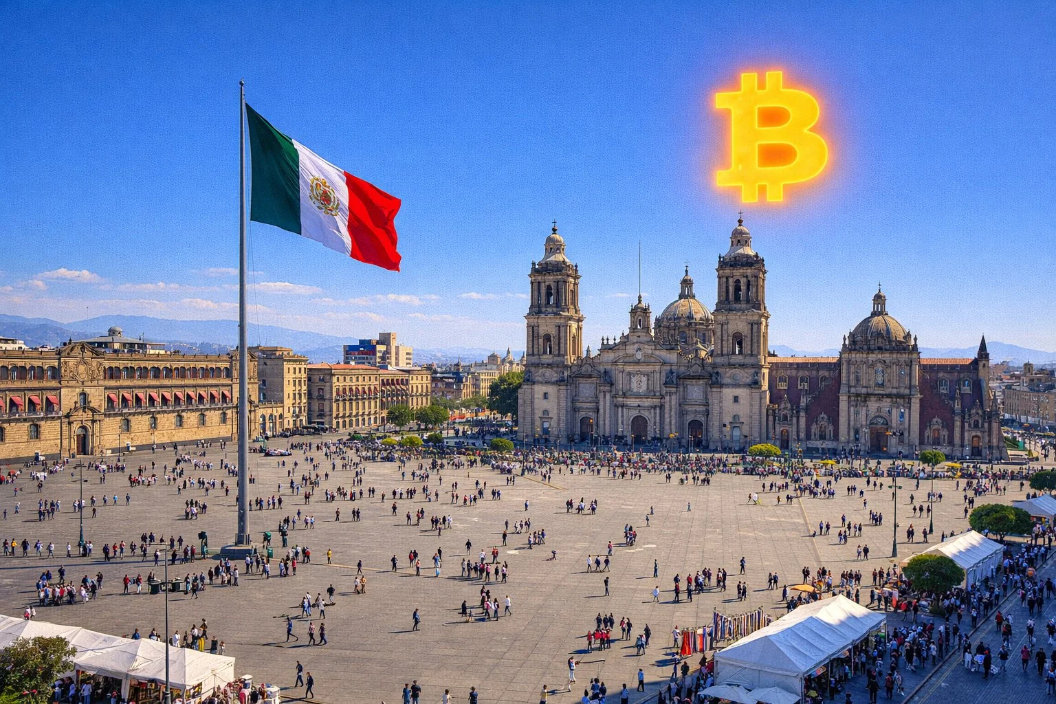 Mexico City Zócalo main plaza with Metropolitan Cathedral and Bitcoin symbol in blue sky