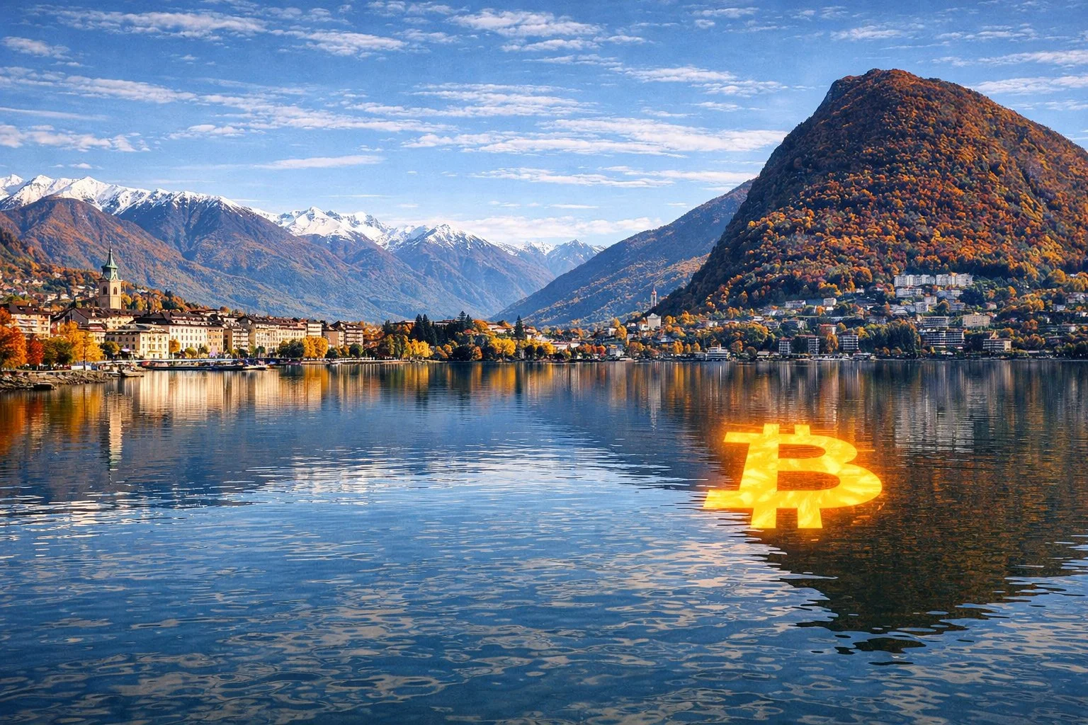 Lake Lugano with Swiss Alps in background and Bitcoin symbol reflected in the water