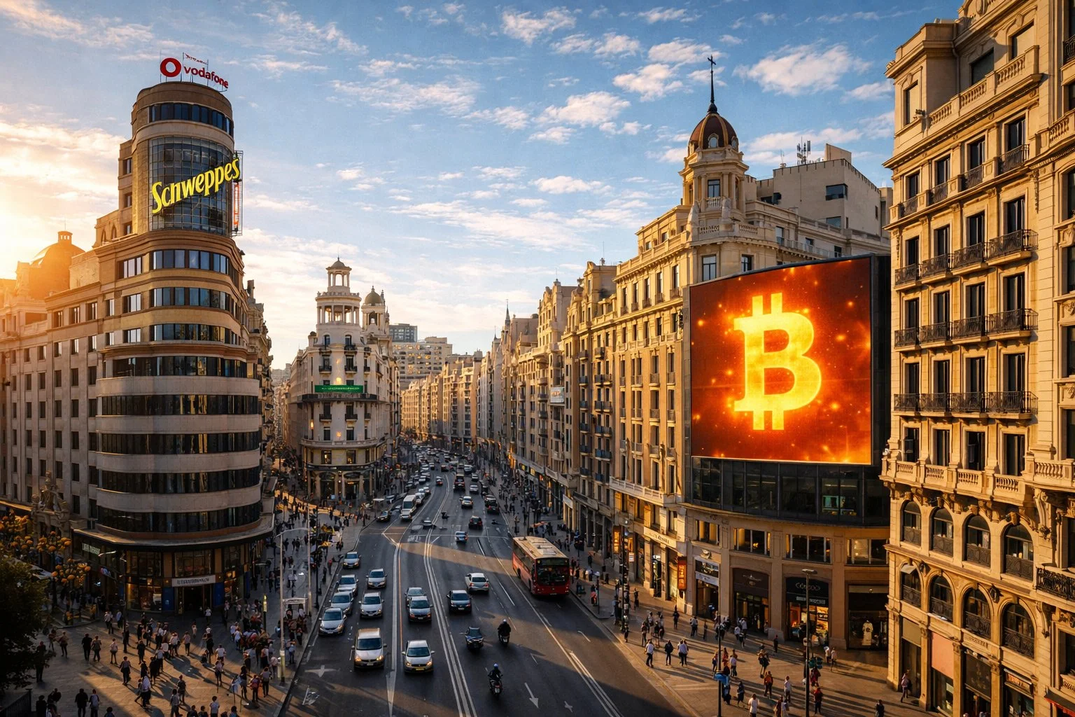 Madrid Gran Via with Bitcoin symbol on billboard, warm afternoon light