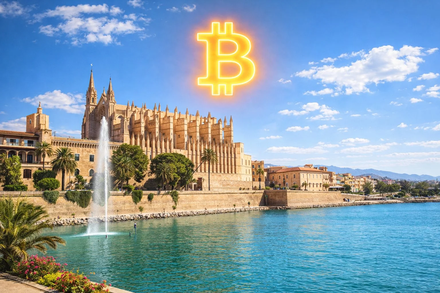 Palma Mallorca cathedral by the sea, turquoise Mediterranean water, palm trees, Bitcoin symbol in sky