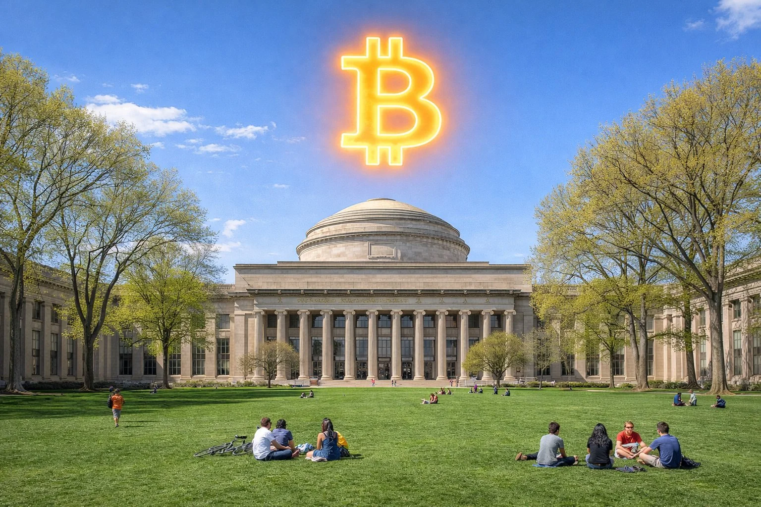 MIT Great Dome campus on a clear spring day, students on the grass, Bitcoin symbol glowing in the sky
