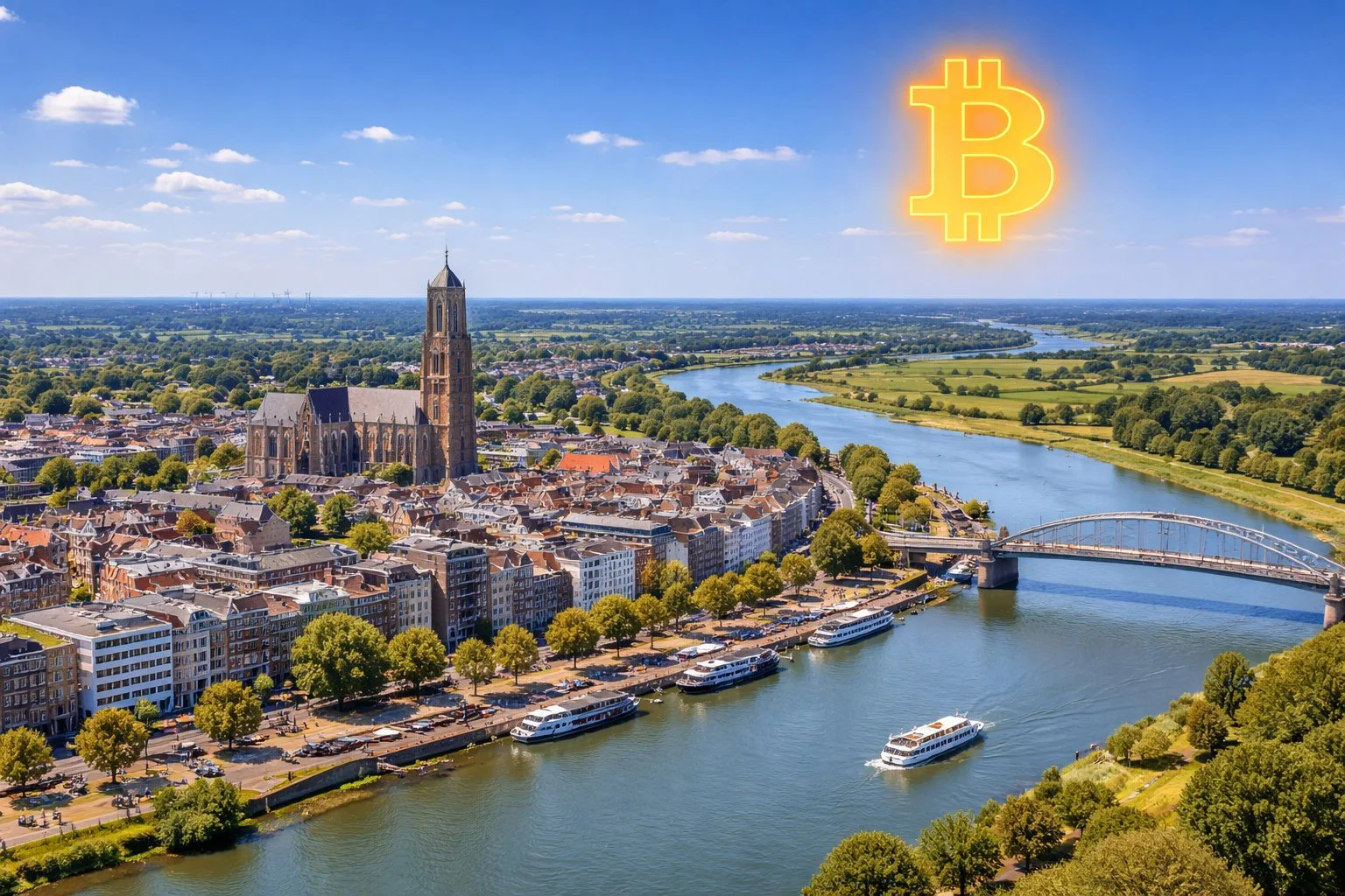 Arnhem city with Rhine river, Dutch countryside and Bitcoin symbol in blue sky