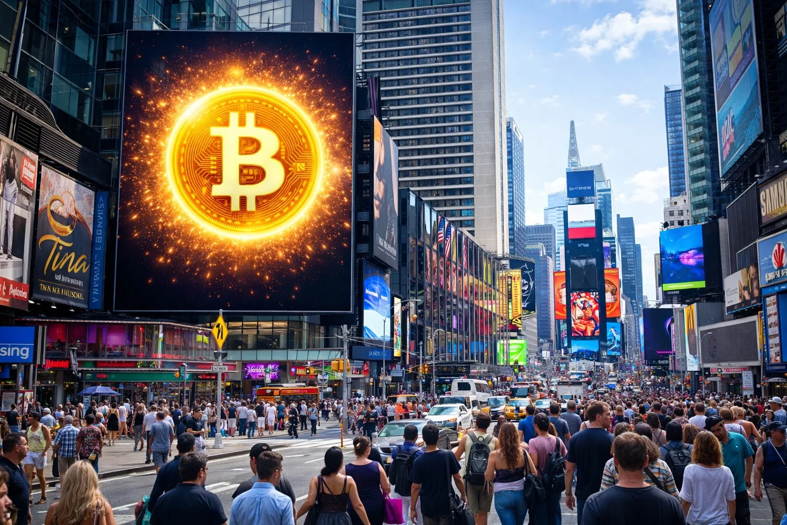 New York City Times Square with Bitcoin symbol on a billboard, busy streets, vibrant daytime energy