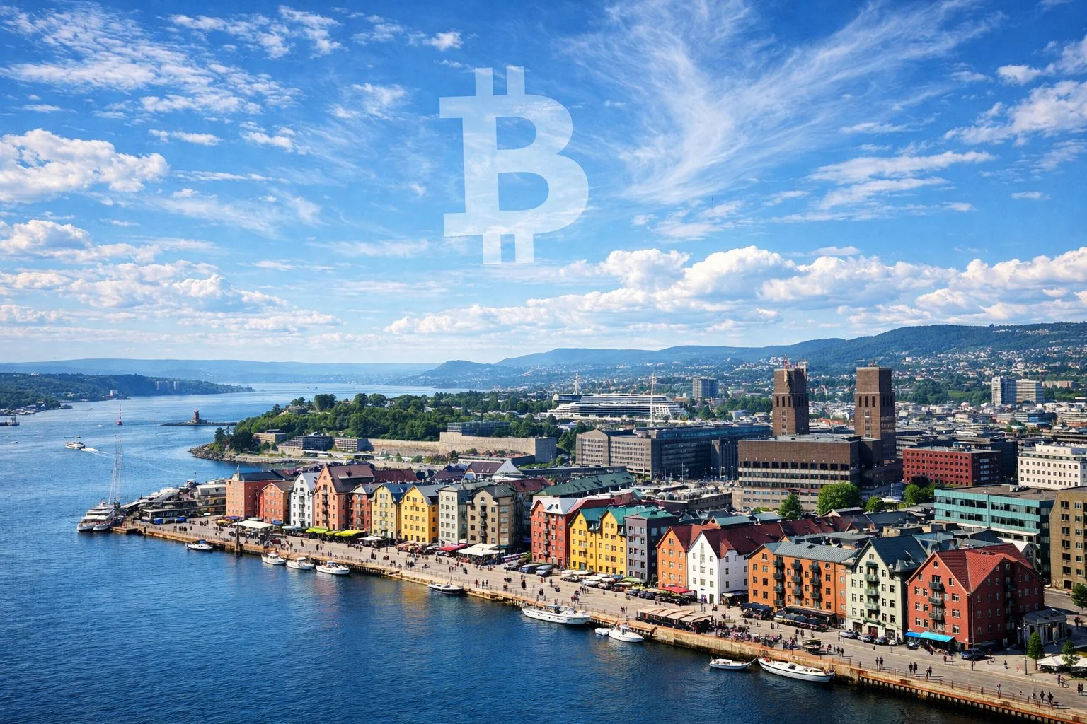 Oslo harbor waterfront with colorful buildings and Bitcoin symbol in the sky
