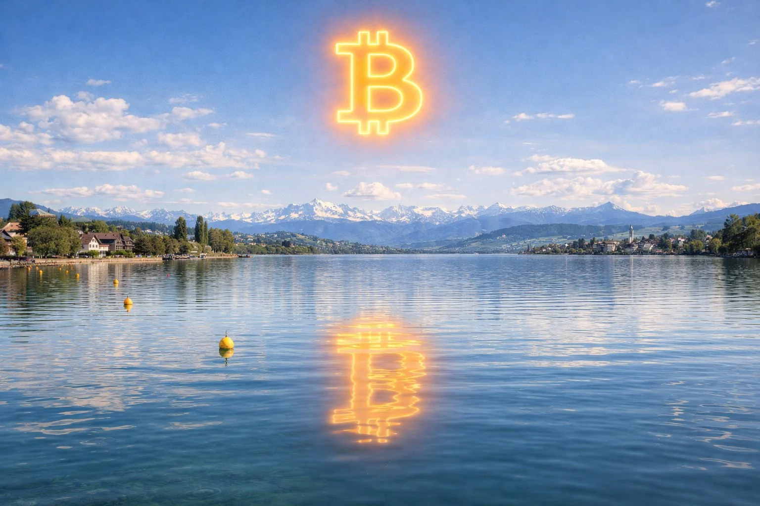 Lake Constance at Kreuzlingen, Swiss Alps in background, Bitcoin symbol reflected in the calm water