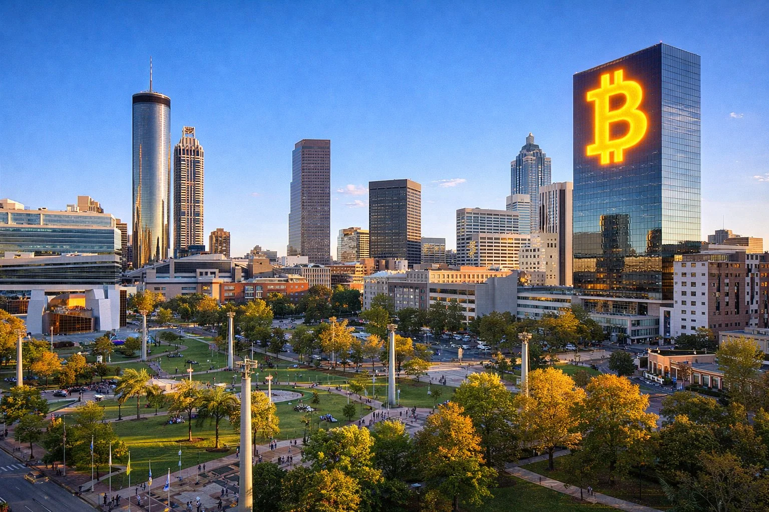 Atlanta skyline with Centennial Olympic Park and Bitcoin symbol on a building