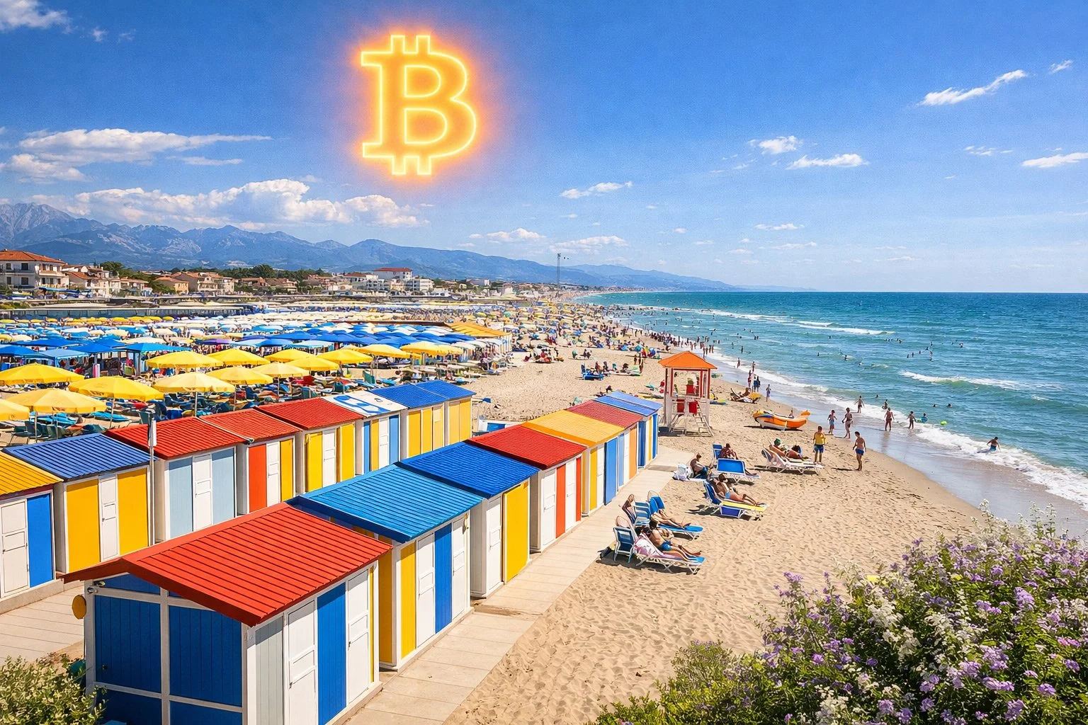 Viareggio Tuscany beach with colorful beach cabins, Mediterranean coast, Bitcoin symbol in sunny sky