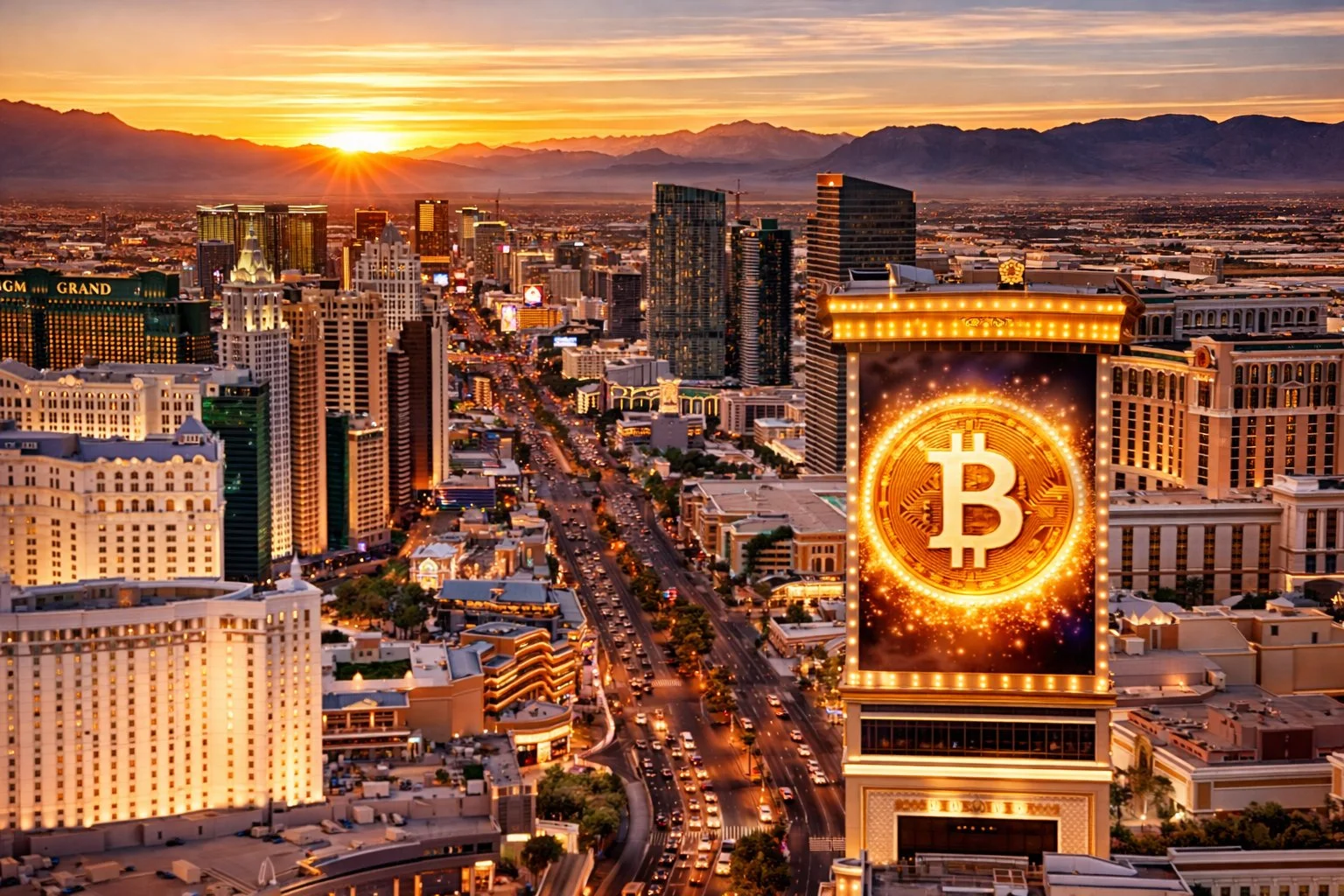 Las Vegas Strip aerial view at golden hour with desert mountains, Bitcoin symbol on casino marquee
