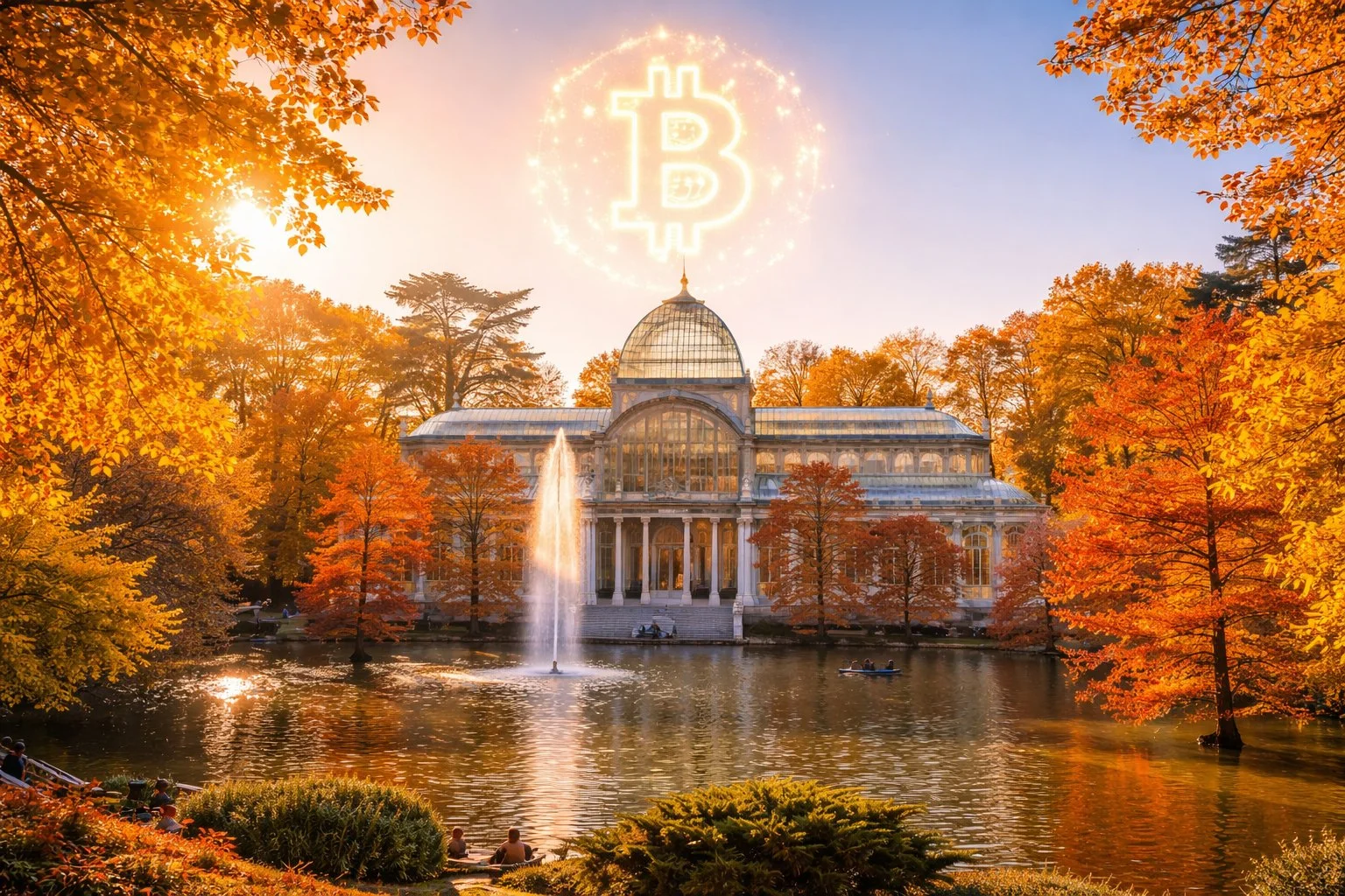 Madrid Retiro Park Crystal Palace in autumn, golden leaves, fountain, Bitcoin symbol glowing in sky