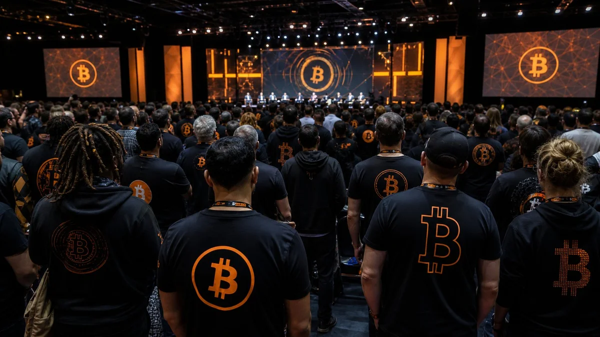 Crowd at a Bitcoin conference wearing black Bitcoin t-shirts and hoodies with orange logos