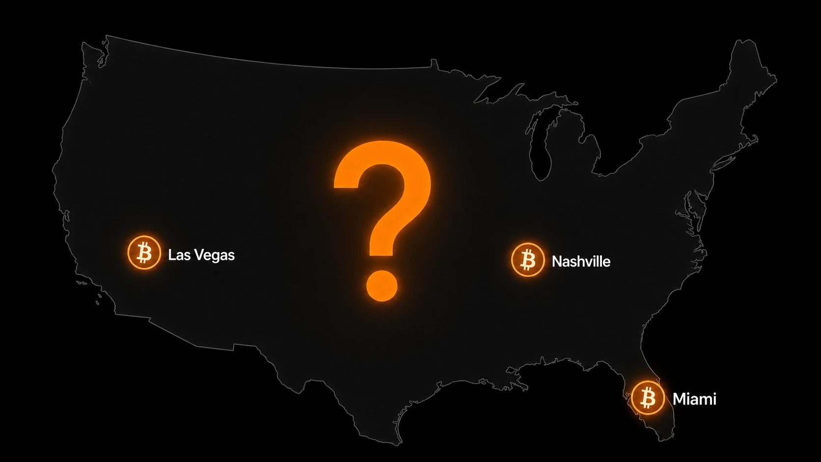 Bitcoin 2028 Conference potential locations map showing Miami Nashville and Las Vegas