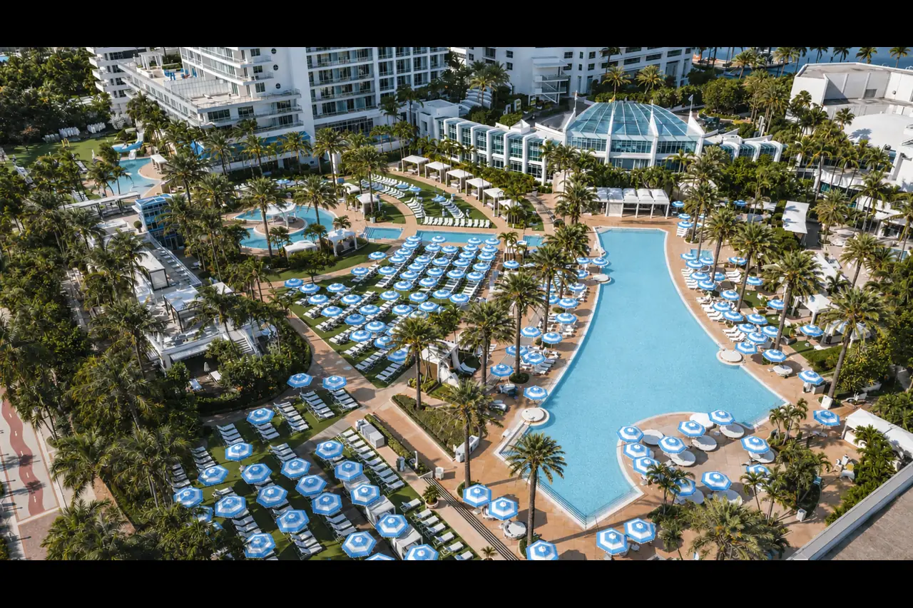 Aerial view of the Fontainebleau Miami Beach pool deck and cabanas, venue for The Sovereign Summit 2027