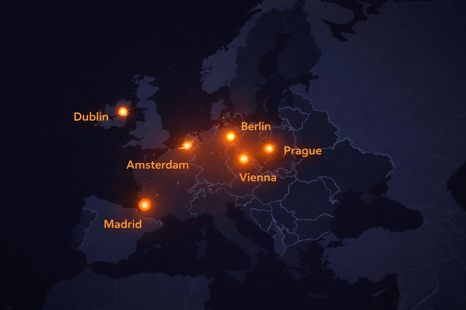 Map of Europe showing Bitcoin conference cities including Prague, Amsterdam, Madrid, Dublin, Vienna, and Berlin