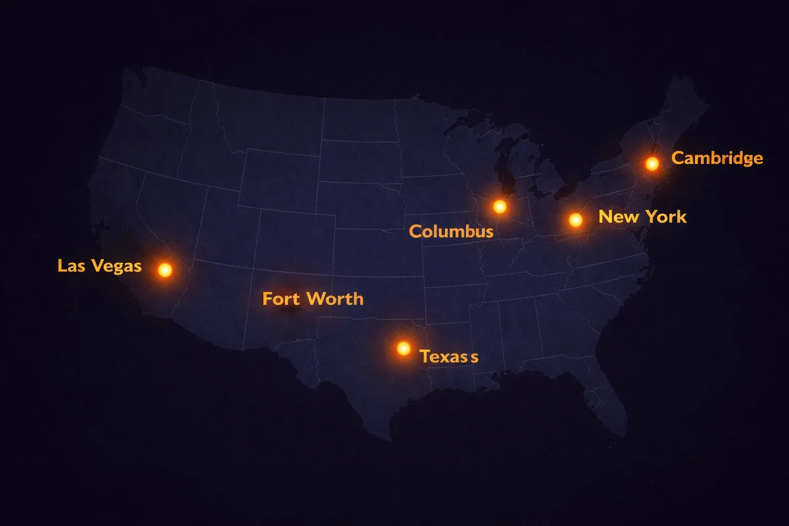 Map of the United States showing Bitcoin conference cities including Las Vegas, Fort Worth, Cambridge, Columbus, and New York